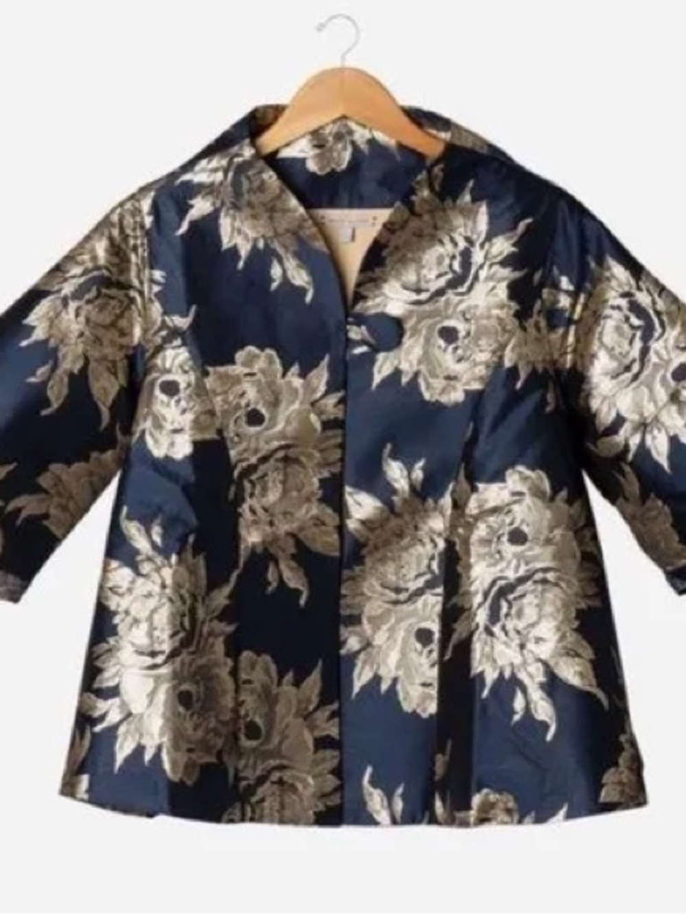 Frances Valentine Metallic Jacquard Short Swing Coat In Navy Blue